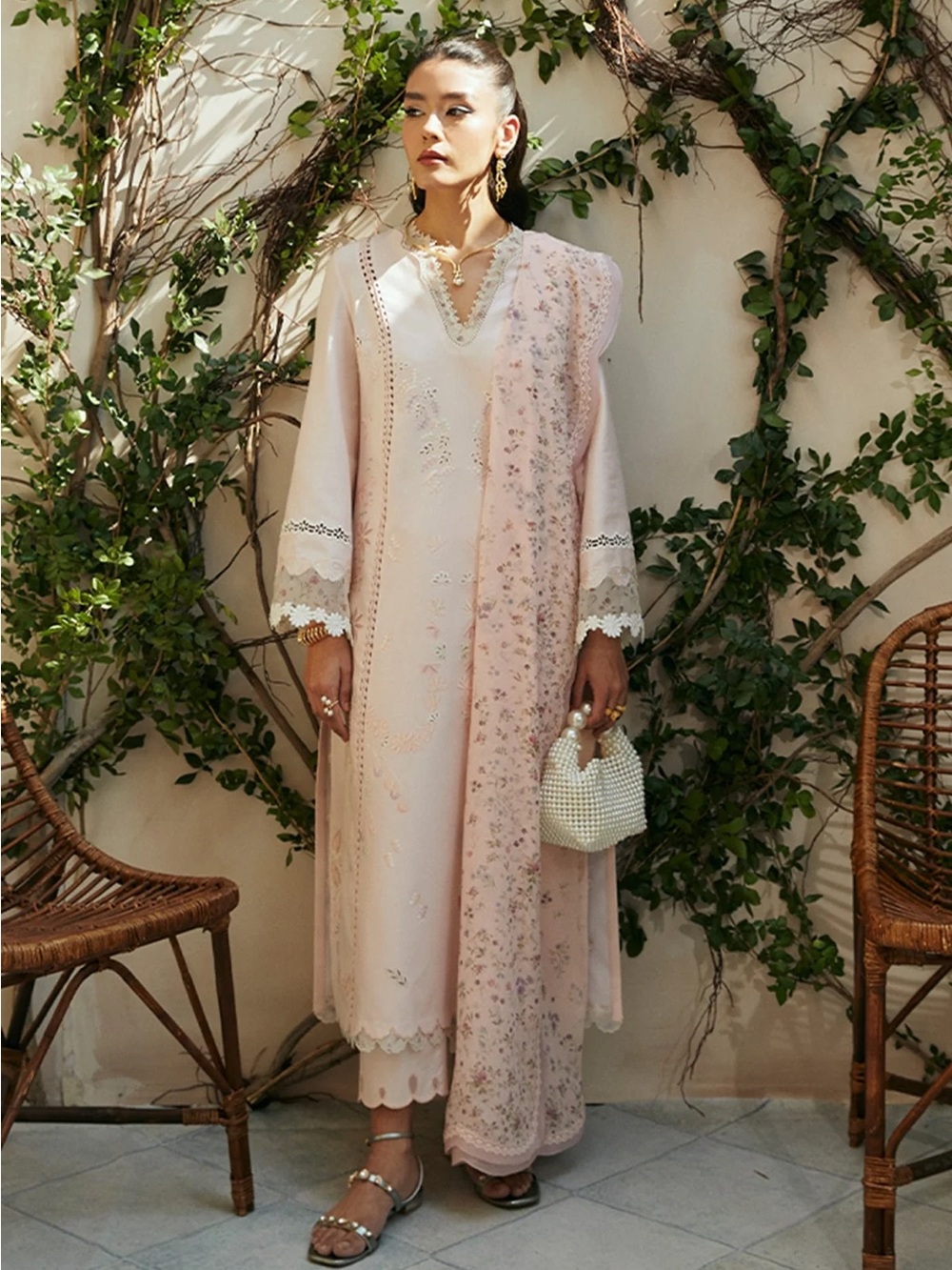 Elegant Women's Pastel Pink Embroidered Long Dress